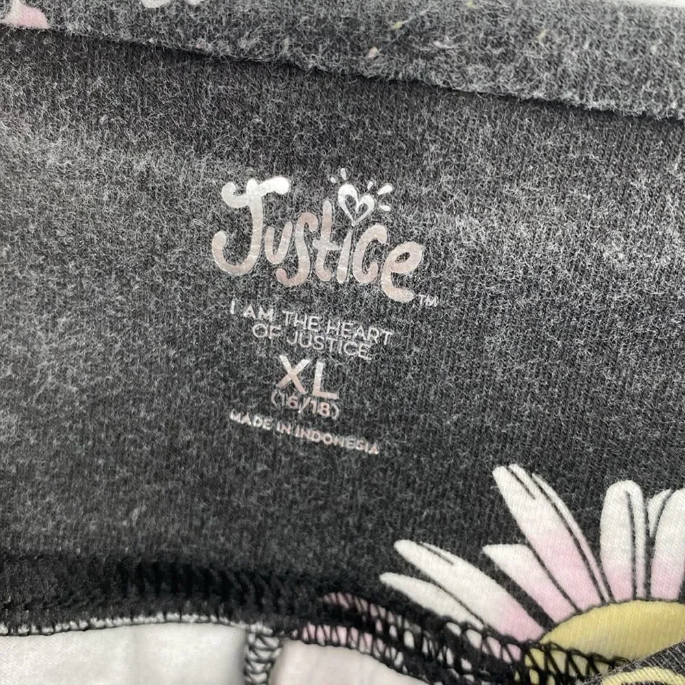 Justice Black Floral White Daisy Elastic Waist Leggings XL 16/18